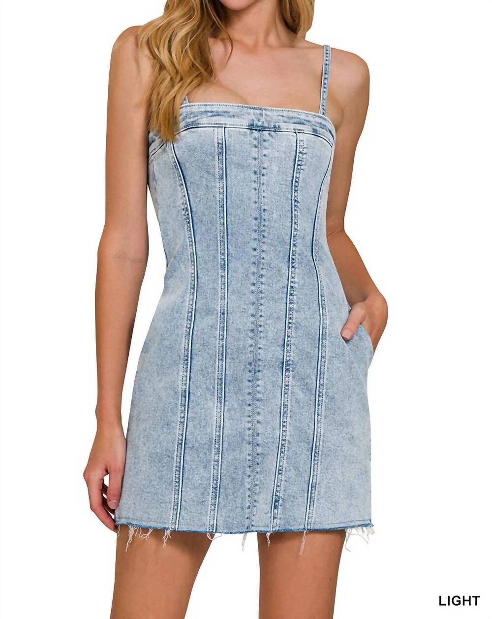NEW ZENANA denim mini dress in light wash